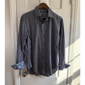 Robert Graham Mens Medium Navy Striped Button Down Shirt Paisley Flip Cuff